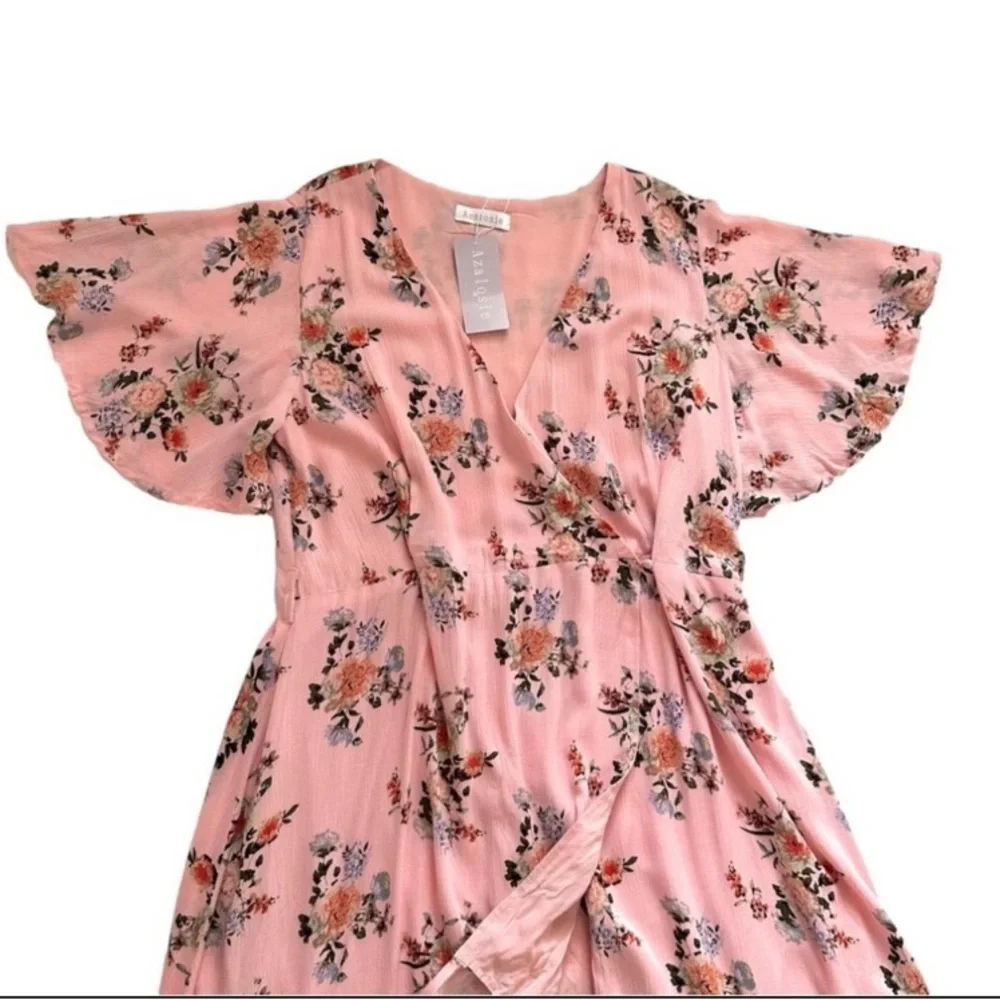 Azalosie Pink Peach Floral Shor Dress SIZE M
Sleeve Wrap High Low Maxi - Picture 2 of 10